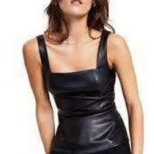 Bar III Womens Faux Leather Peplum Top Square Neck Black Sleeveless PM NWT
